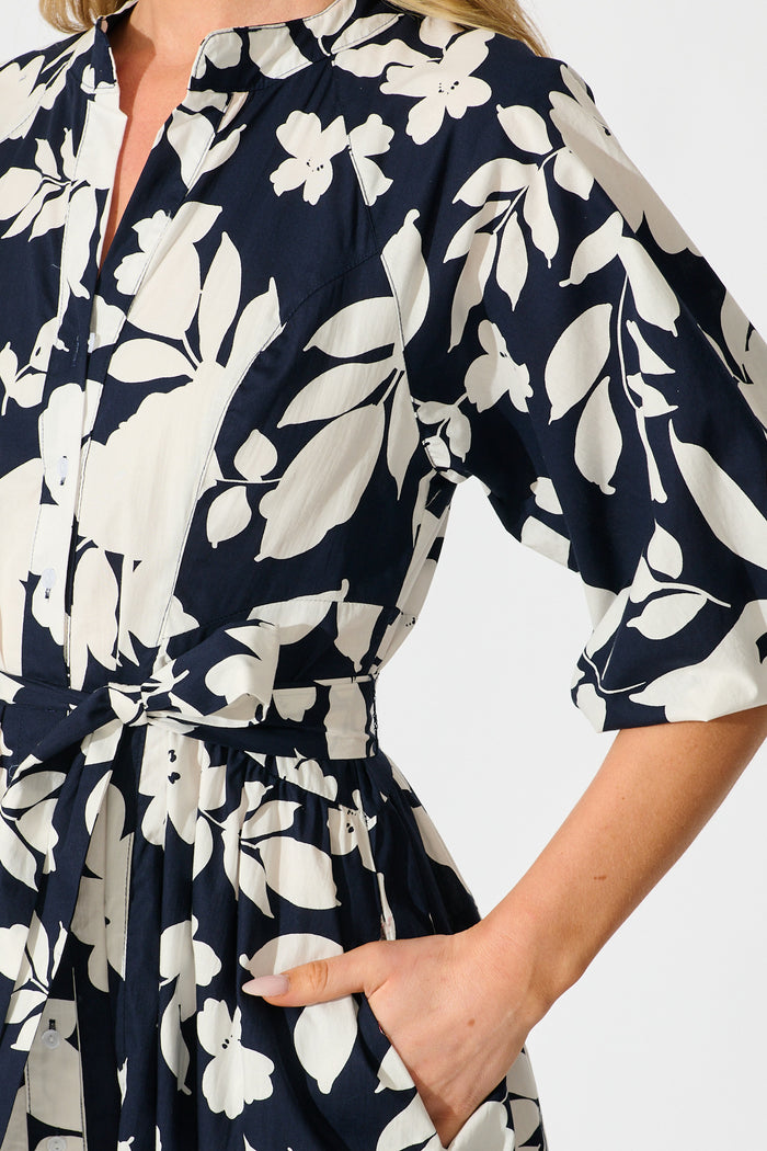 Willow Sky Midi Dress in Navy Floral Cotton Poplin detail