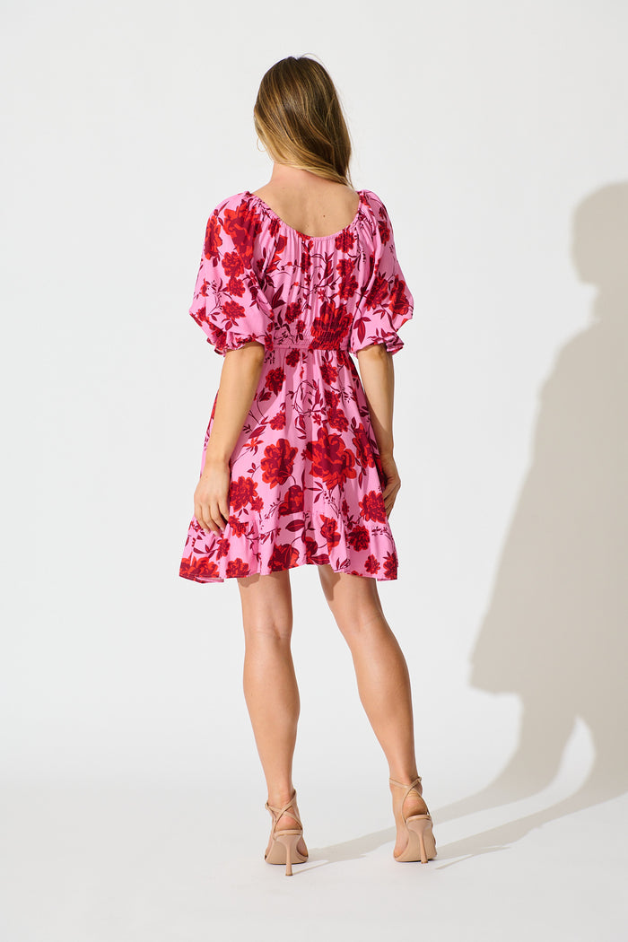 Calithea Dress in Pink with Red Floral Print back