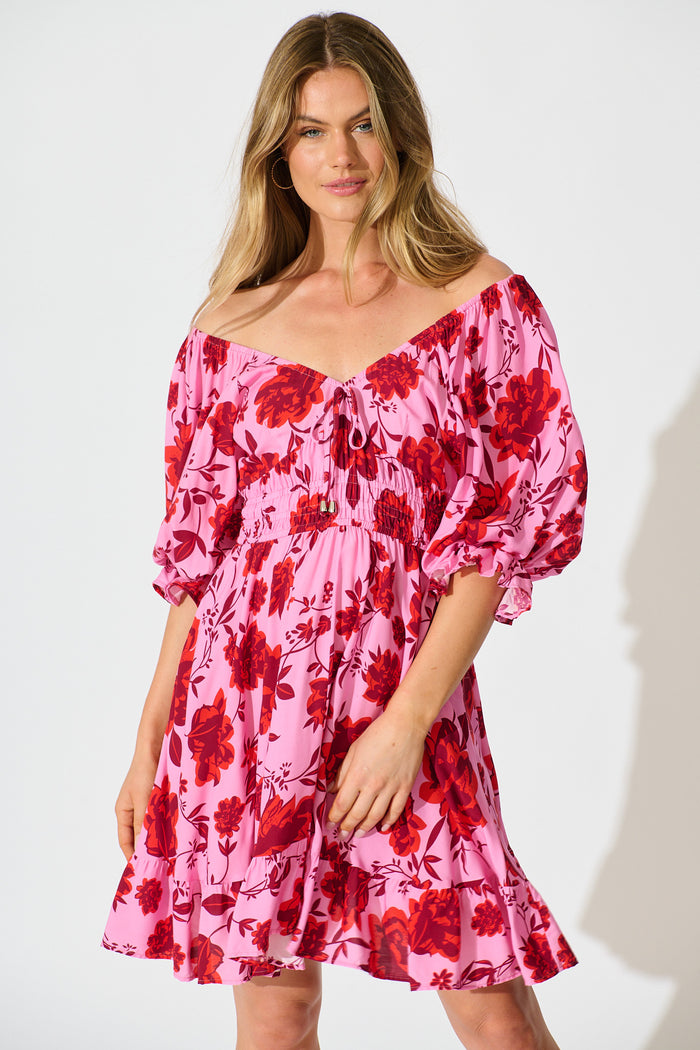 Calithea Dress in Pink with Red Floral Print front