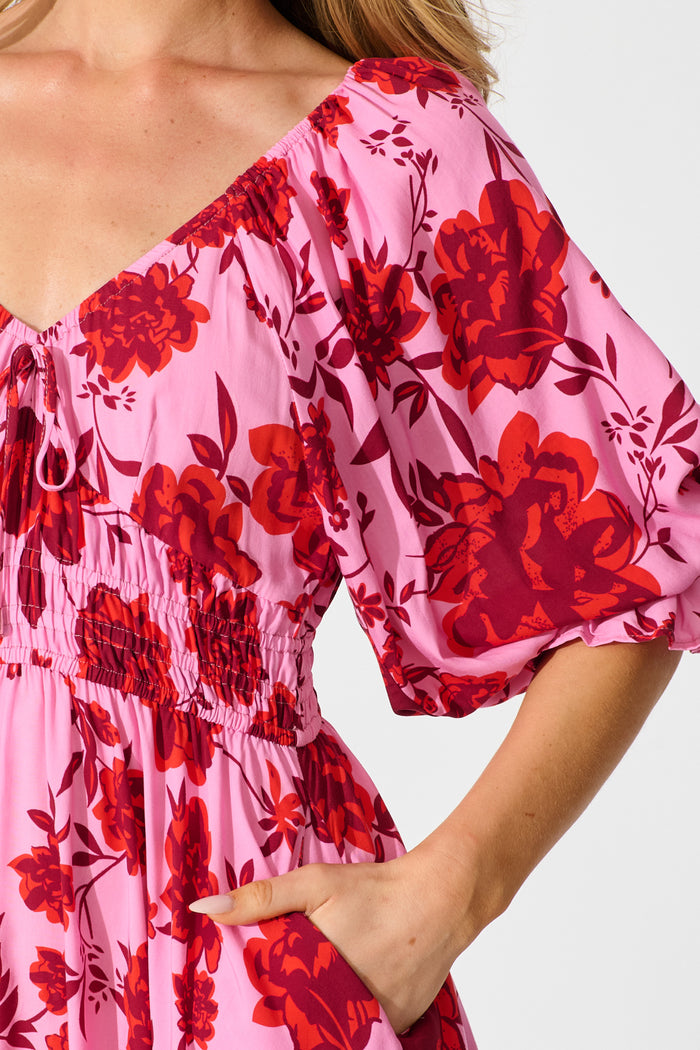 Calithea Dress in Pink with Red Floral Print detail