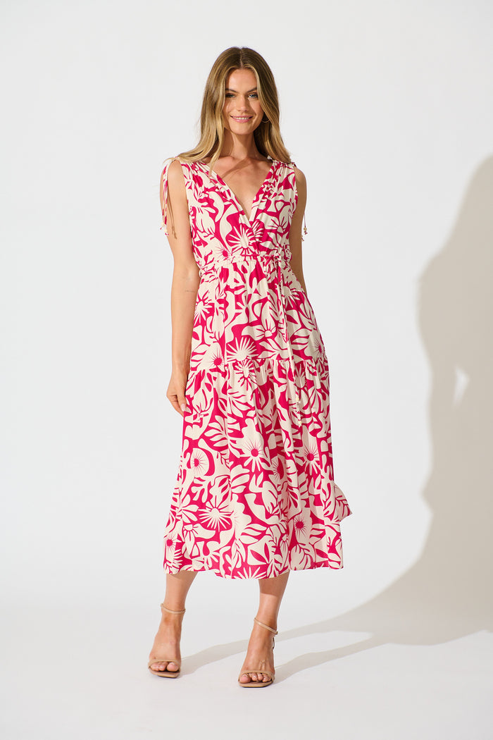 Amabelle Midi Dress in Pink with White Print full length