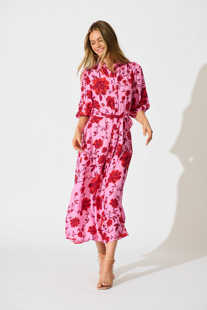 Coco Maxi Shirt Dress in Pink with Red Floral Print full length