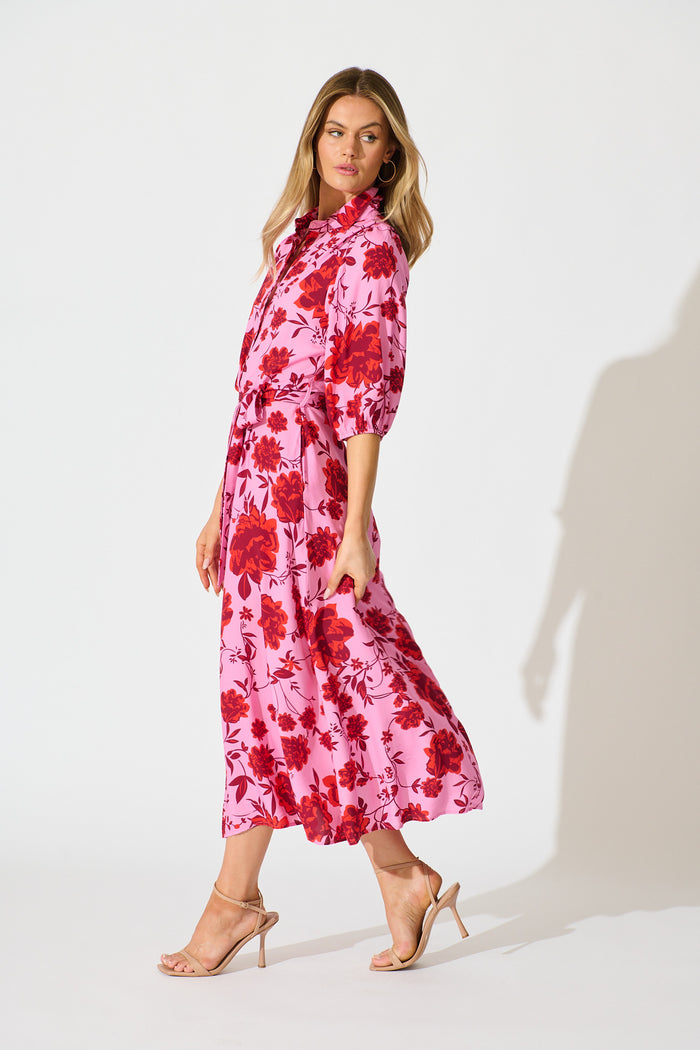 Coco Maxi Shirt Dress in Pink with Red Floral Print side