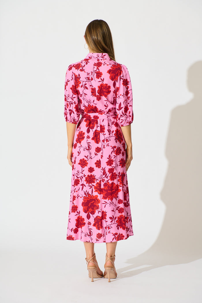 Coco Maxi Shirt Dress in Pink with Red Floral Print back