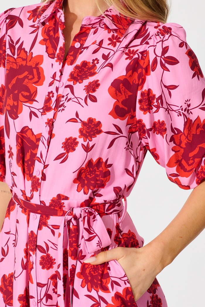 Coco Maxi Shirt Dress in Pink with Red Floral Print detail
