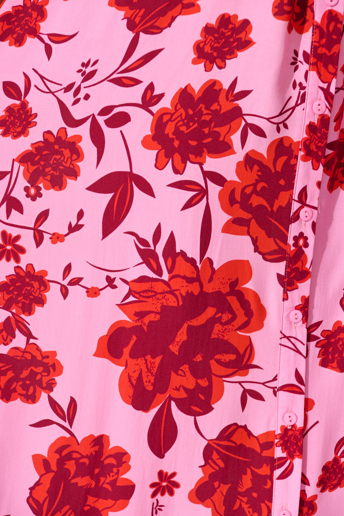 Coco Maxi Shirt Dress in Pink with Red Floral Print fabric