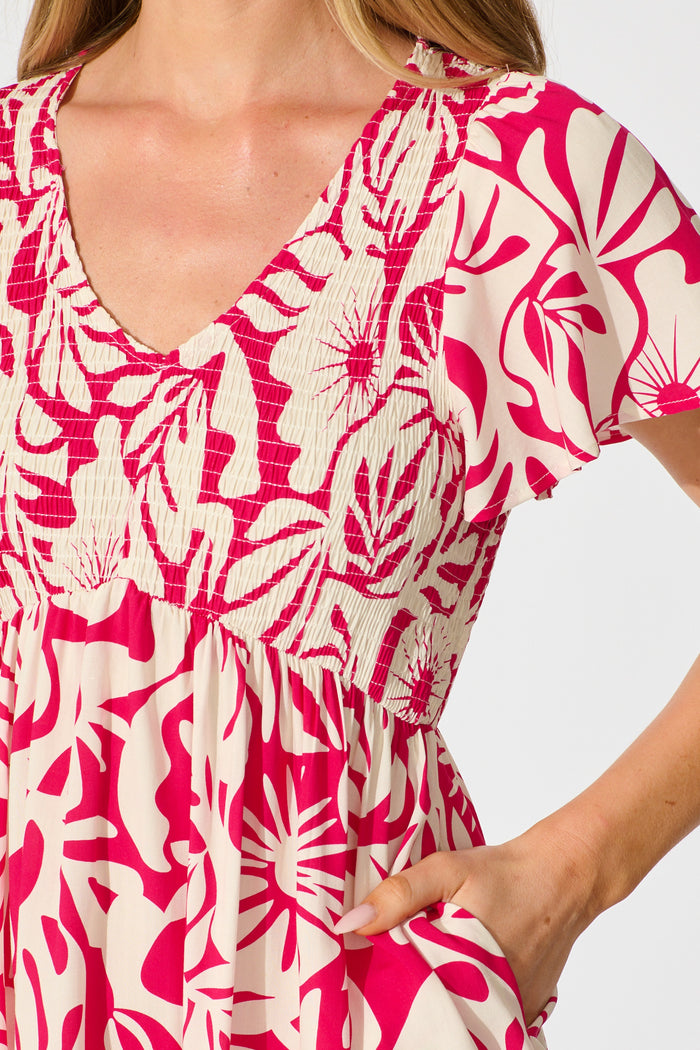 Malita Dress in Pink with White Print detail