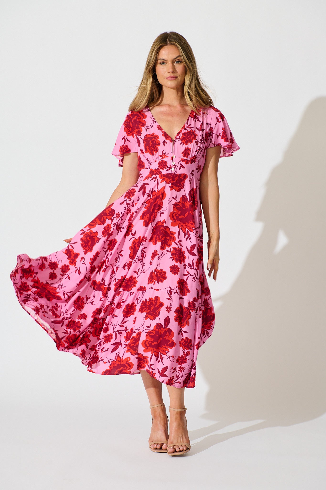 Talise Maxi Dress in Pink with Red Floral Print full length
