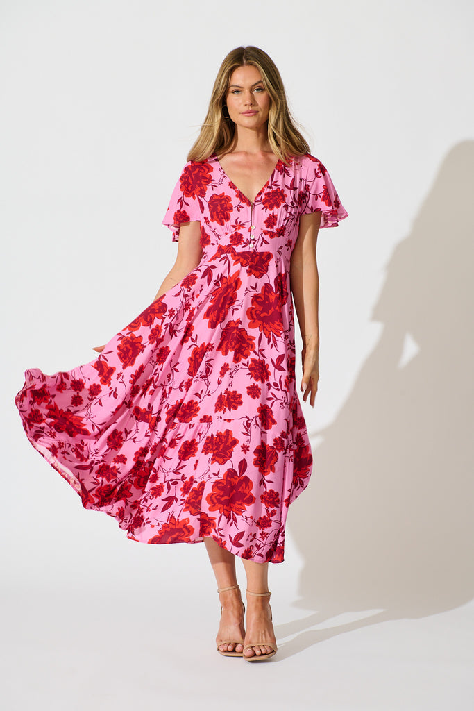 Talise Maxi Dress in Pink with Red Floral Print full length