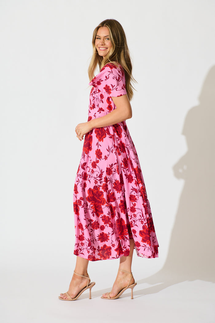 Talise Maxi Dress in Pink with Red Floral Print side