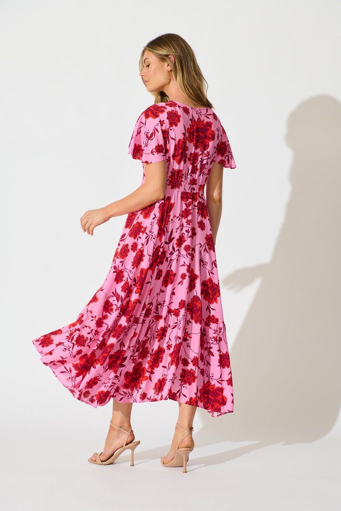 Talise Maxi Dress in Pink with Red Floral Print back