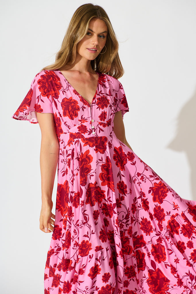 Talise Maxi Dress in Pink with Red Floral Print front