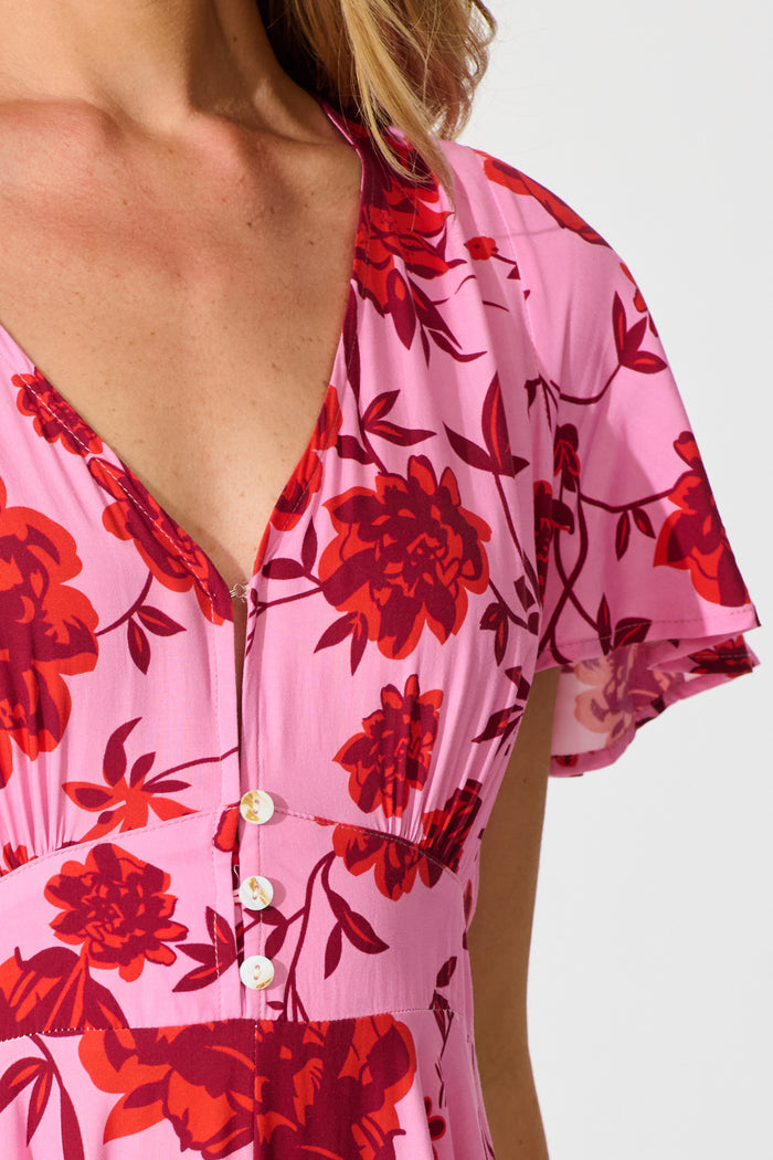 Talise Maxi Dress in Pink with Red Floral Print detail
