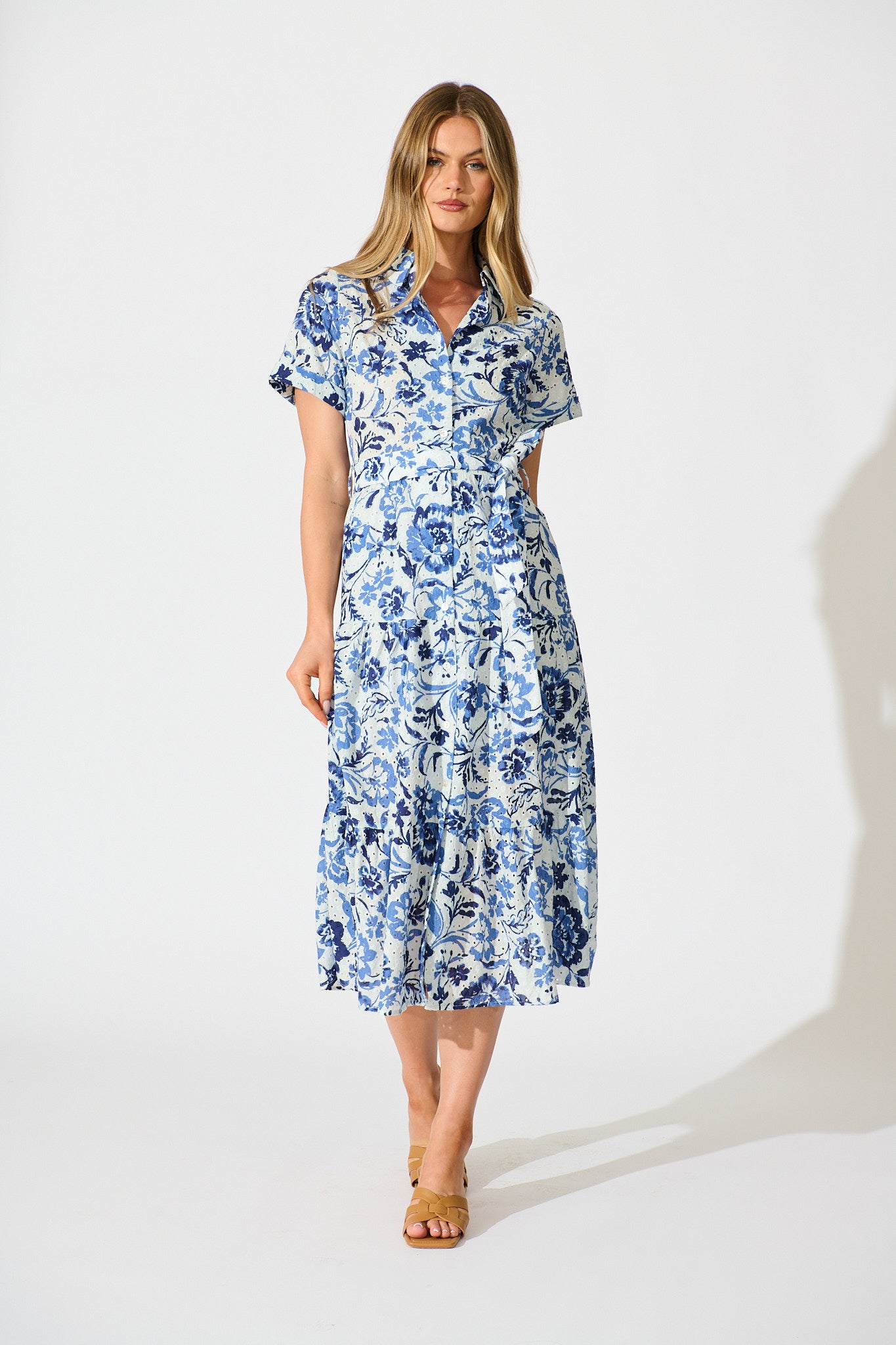 Airlie Midi Shirt Dress in White with Blue Floral Embroidery full length
