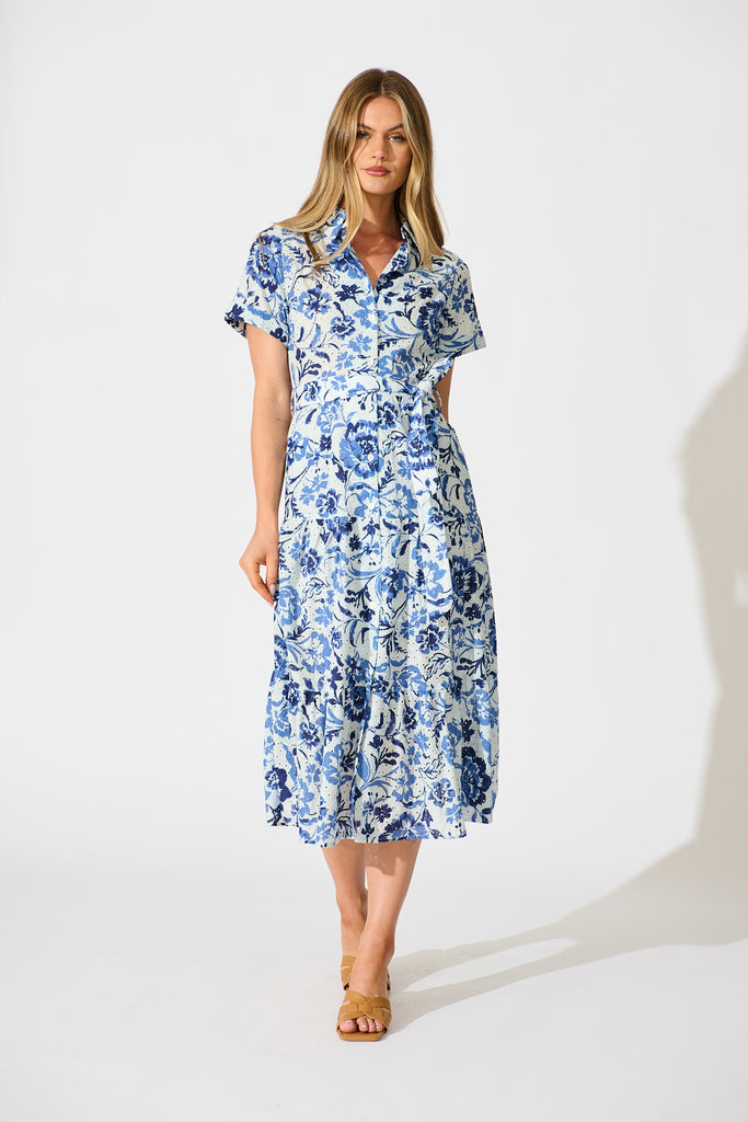 Airlie Midi Shirt Dress in White with Blue Floral Embroidery full length