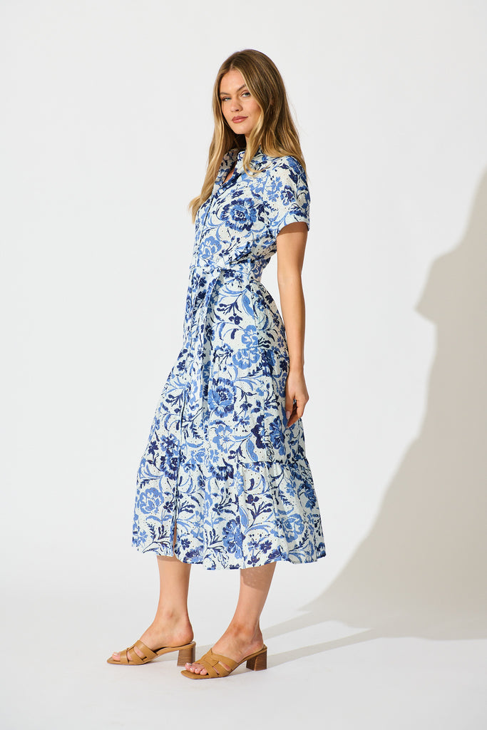 Airlie Midi Shirt Dress in White with Blue Floral Embroidery side