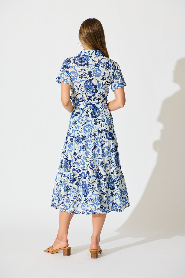 Airlie Midi Shirt Dress in White with Blue Floral Embroidery back