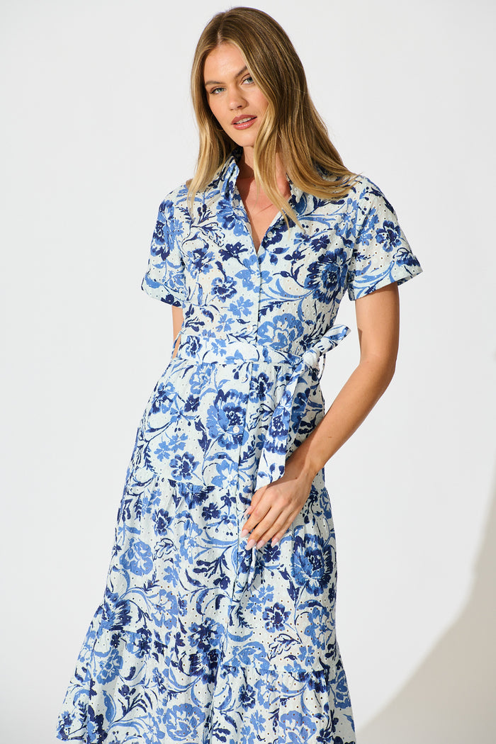 Airlie Midi Shirt Dress in White with Blue Floral Embroidery front
