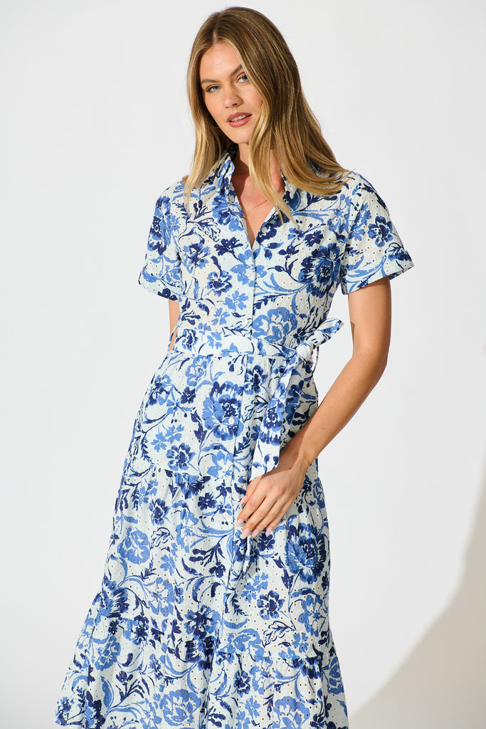 Airlie Midi Shirt Dress in White with Blue Floral Embroidery front