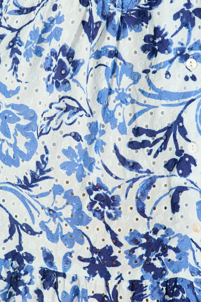 Airlie Midi Shirt Dress in White with Blue Floral Embroidery fabric