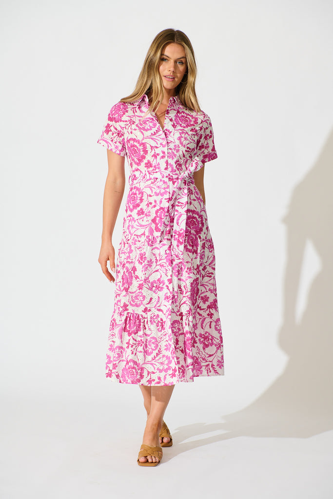 Airlie Midi Shirt Dress in White with Pink Floral Embroidery full length