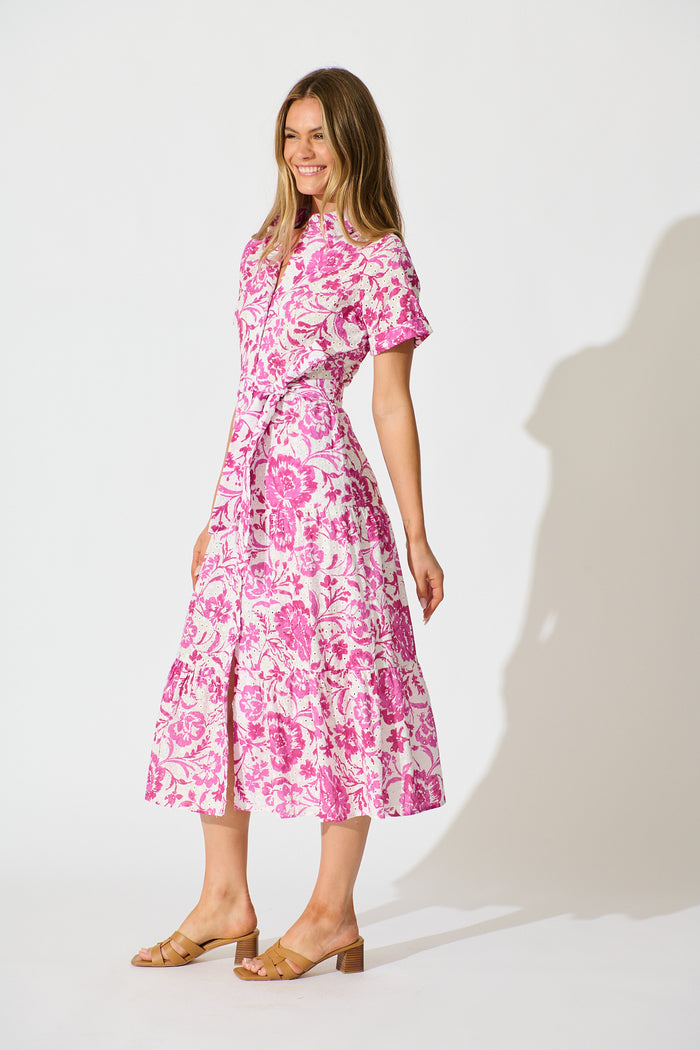 Airlie Midi Shirt Dress in White with Pink Floral Embroidery side