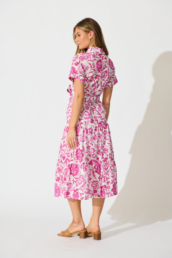 Airlie Midi Shirt Dress in White with Pink Floral Embroidery back