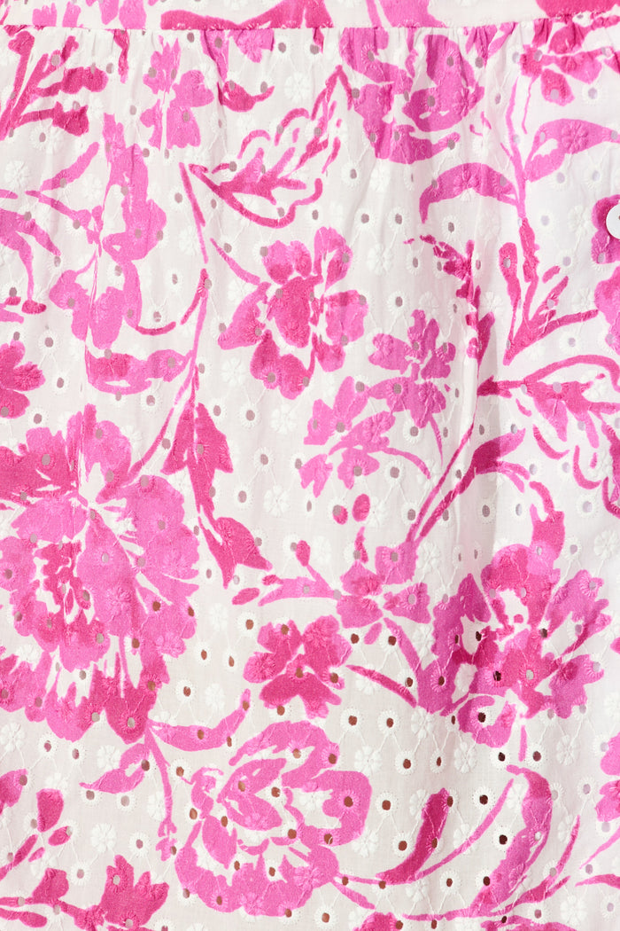 Airlie Midi Shirt Dress in White with Pink Floral Embroidery fabric