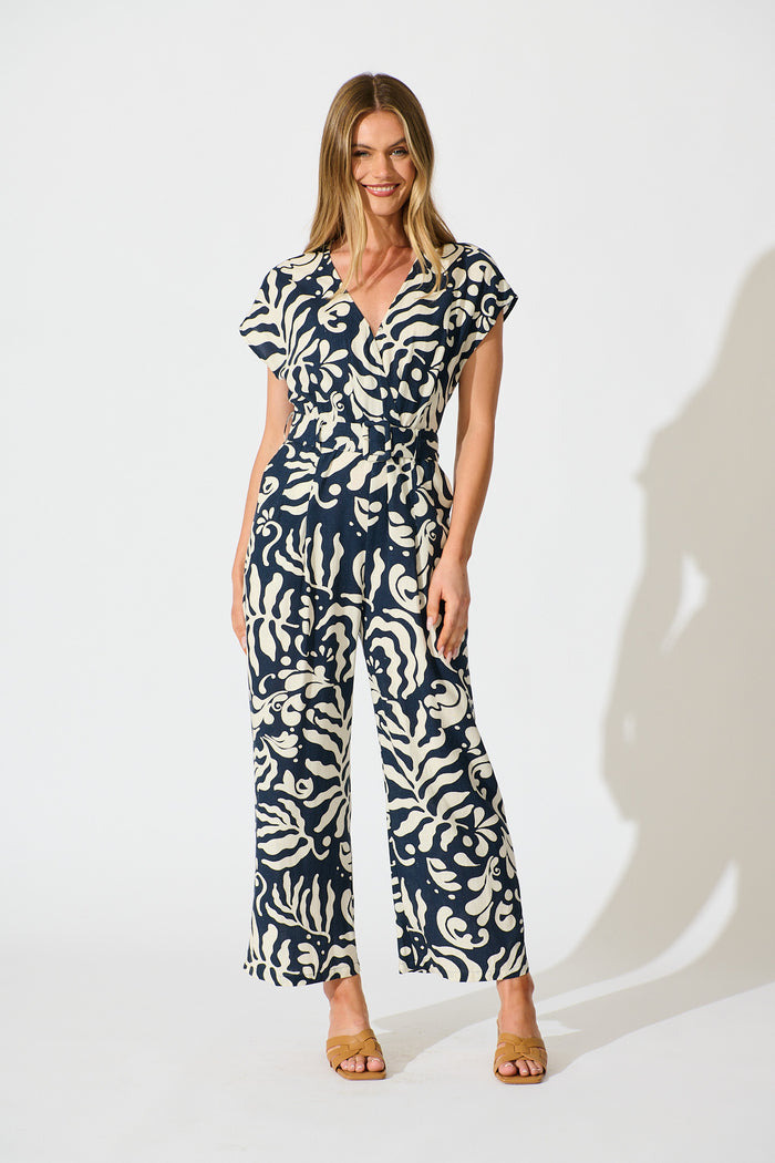 Gracella Jumpsuit in Navy and Cream Linen Blend full length