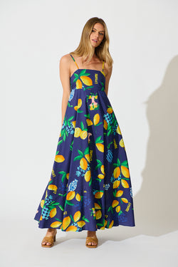 Lova Maxi Sundress in Navy with Lemon Print Cotton full length