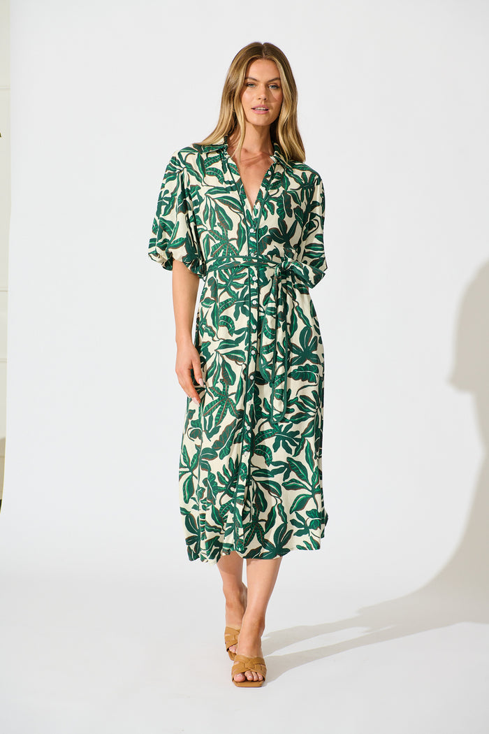 Libra Midi Shirt Dress in Emerald Leaf Linen Blend | St Frock Libra Midi Shirt Dress in Emerald Leaf Linen Blend | St Frock