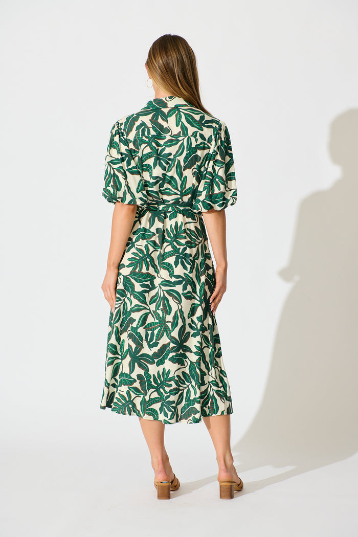 Libra Midi Shirt Dress in Emerald Leaf Linen Blend | St Frock Libra Midi Shirt Dress in Emerald Leaf Linen Blend | St Frock