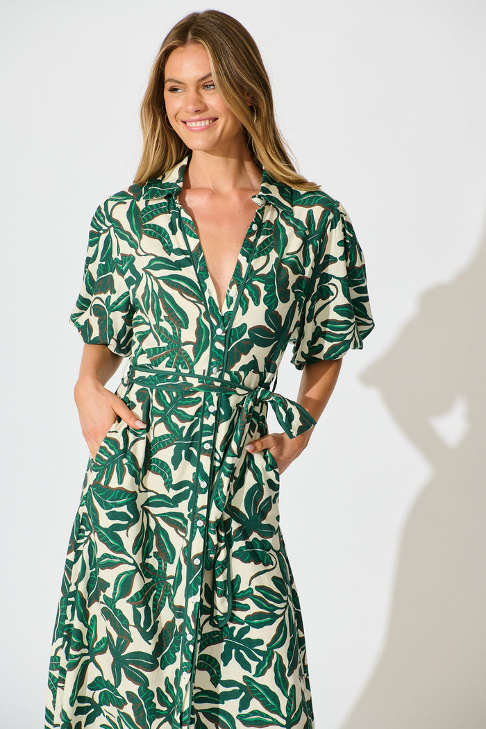 Libra Midi Shirt Dress in Emerald and Cream Leaf Linen Blend front