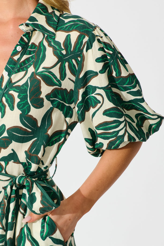 Libra Midi Shirt Dress in Emerald and Cream Leaf Linen Blend detail