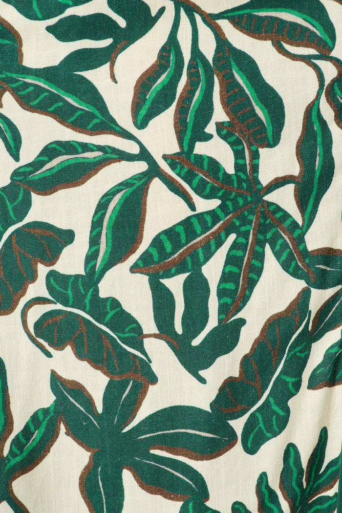 Libra Midi Shirt Dress in Emerald and Cream Leaf Linen Blend fabric
