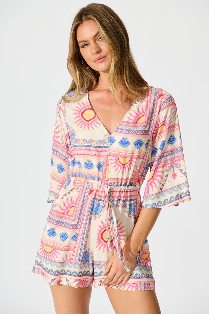 Milos Playsuit in Pink Tile Print front
