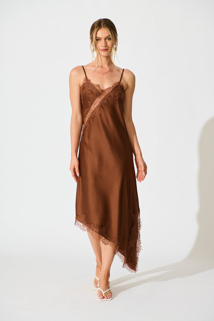Illusion Midi Dress in Chocolate Satin full length