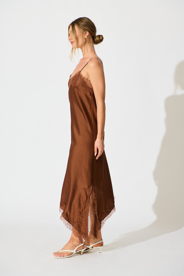 Illusion Midi Dress in Chocolate Satin side