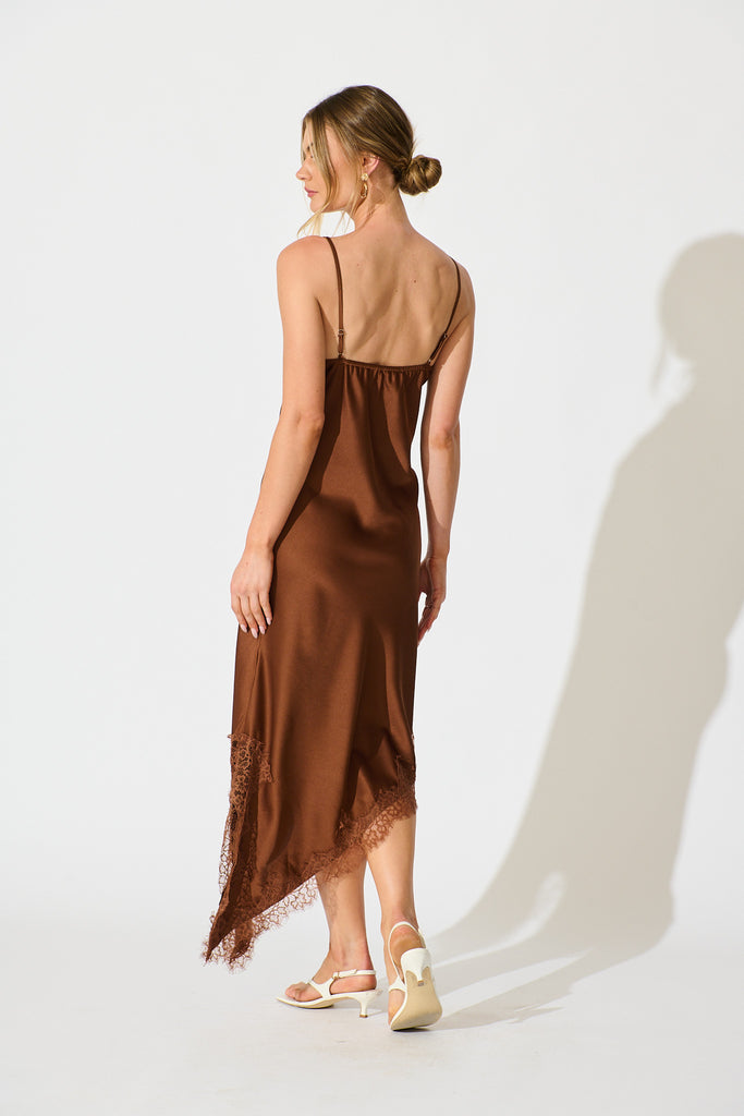 Illusion Midi Dress in Chocolate Satin back