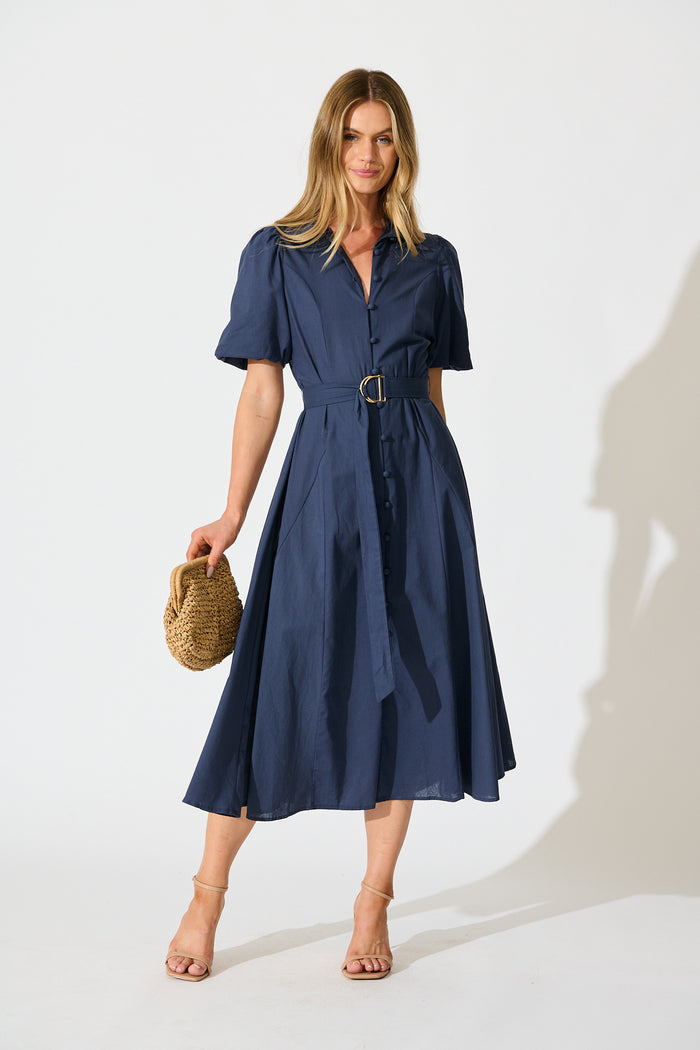 Starlit Midi Shirt Dress in Navy Cotton