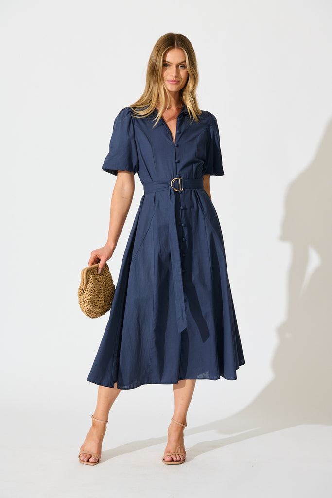 Starlit Midi Shirt Dress in Navy Cotton