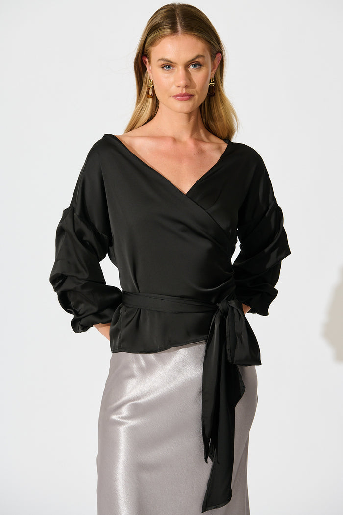 Satin Luxe Wrap Top in Black front