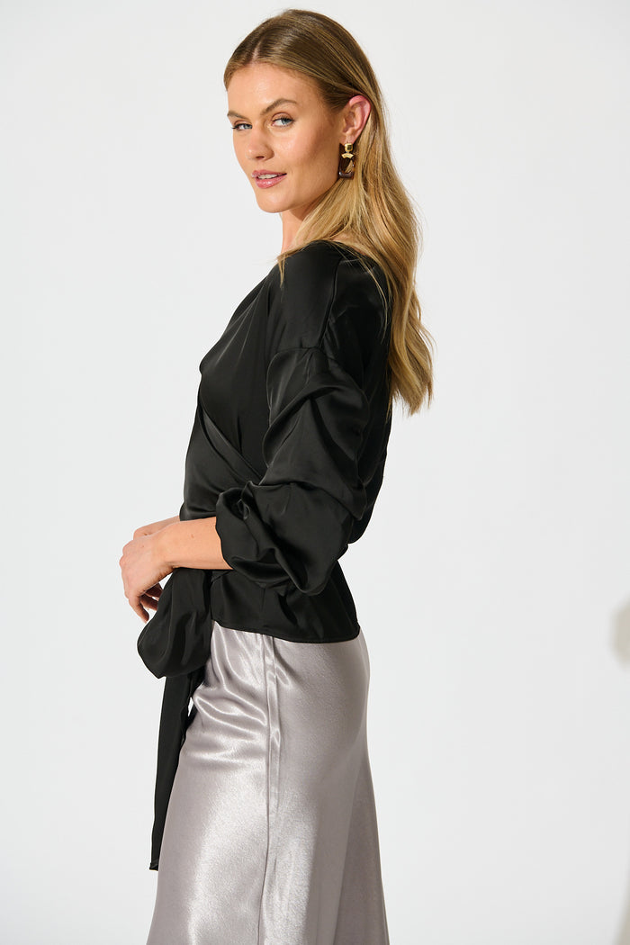 Satin Luxe Wrap Top in Black side