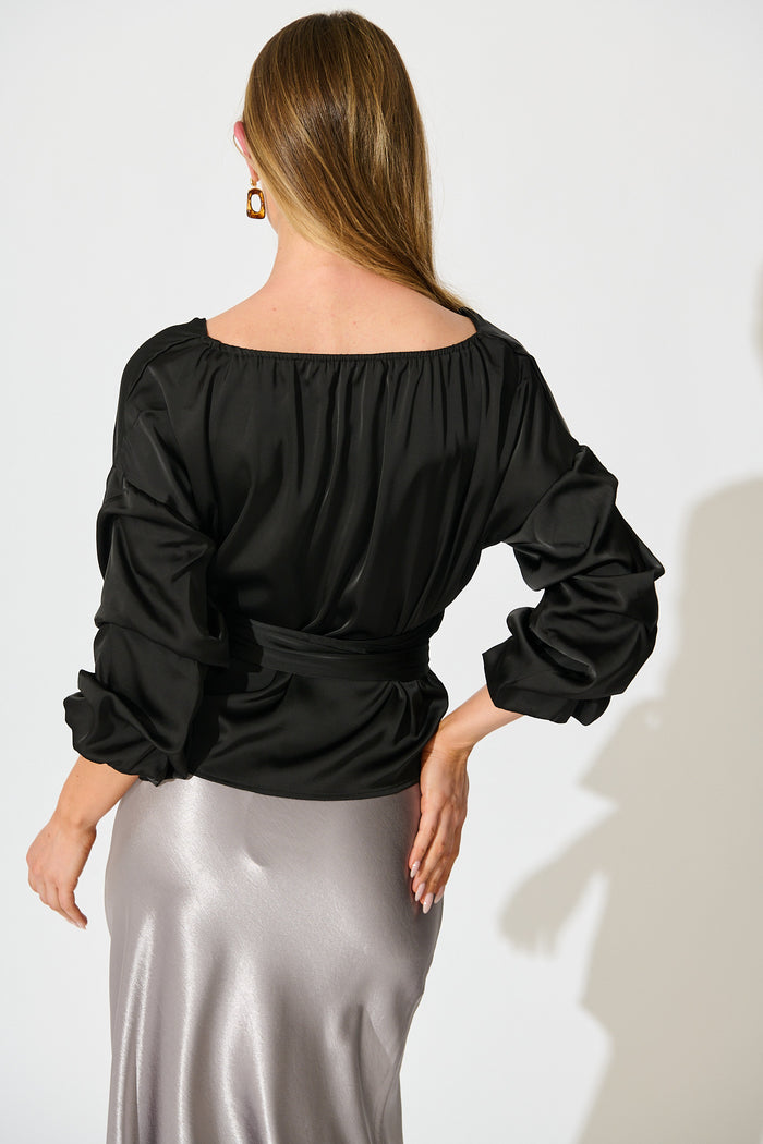 Satin Luxe Wrap Top in Black back