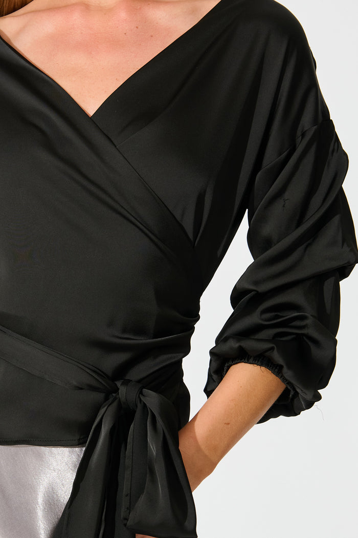 Satin Luxe Wrap Top in Black detail