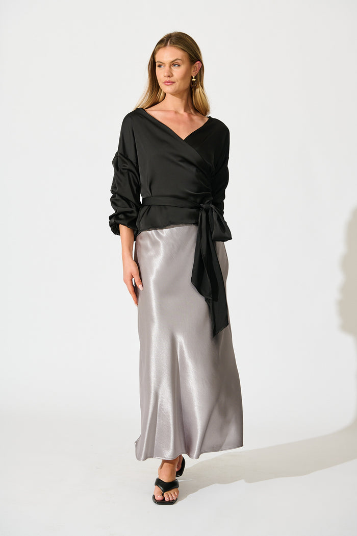 Satin Luxe Wrap Top in Black full length