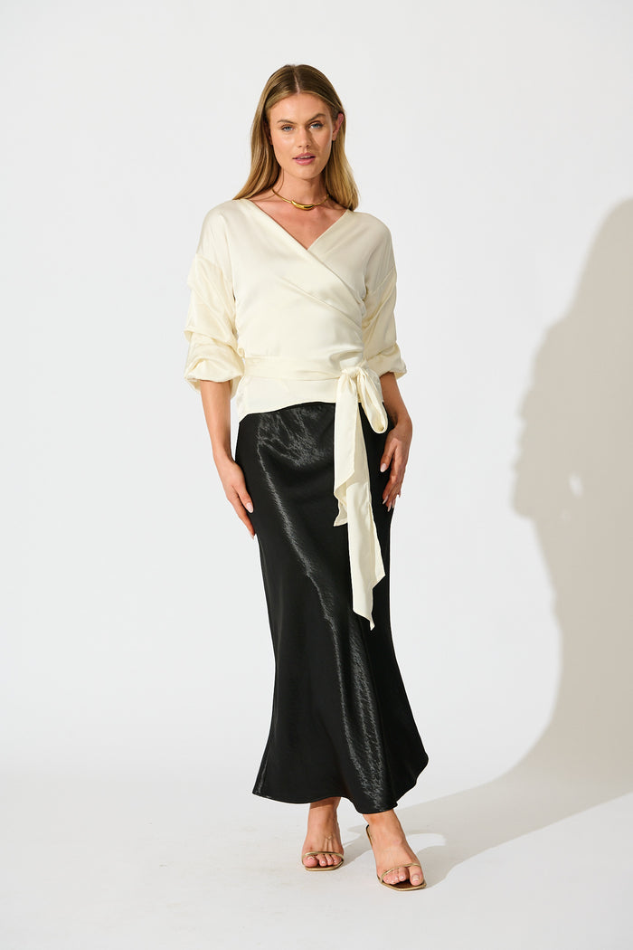 Satin Luxe Wrap Top in Ivory full length