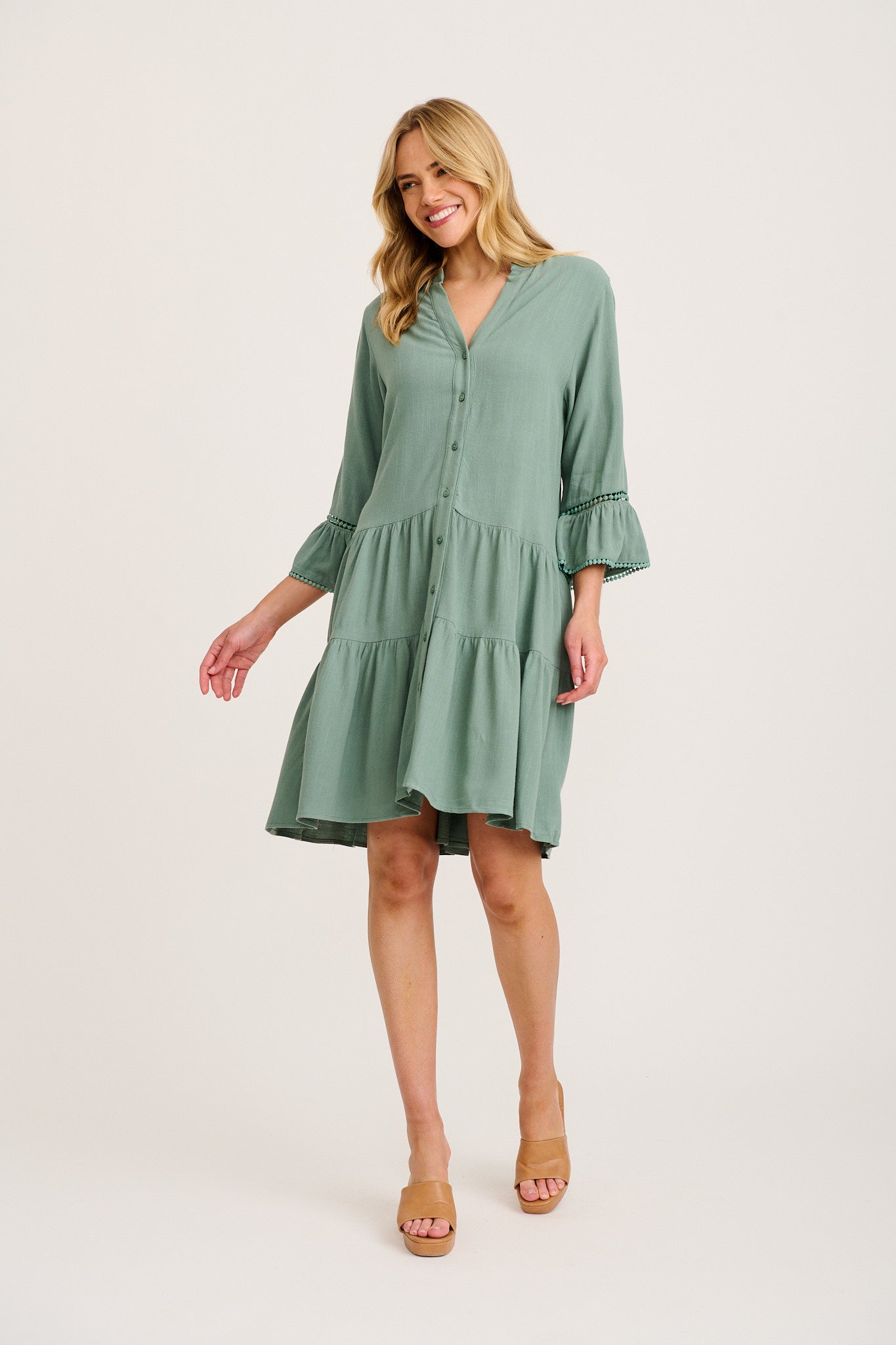 Damela Smock Dress in Sage Linen full length