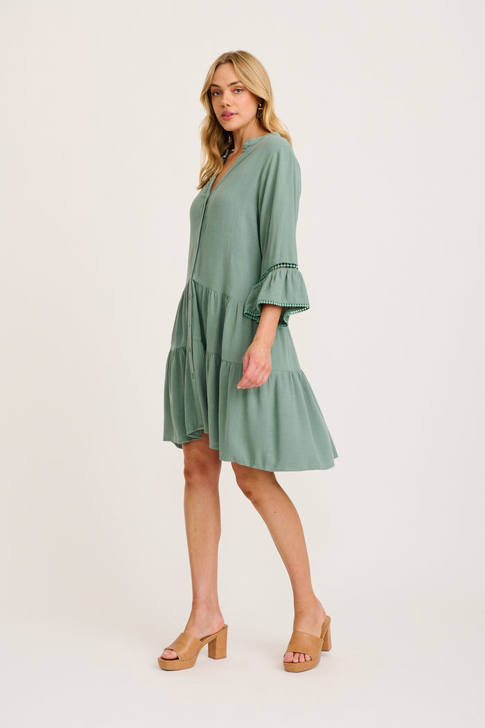 Damela Smock Dress in Sage Linen side