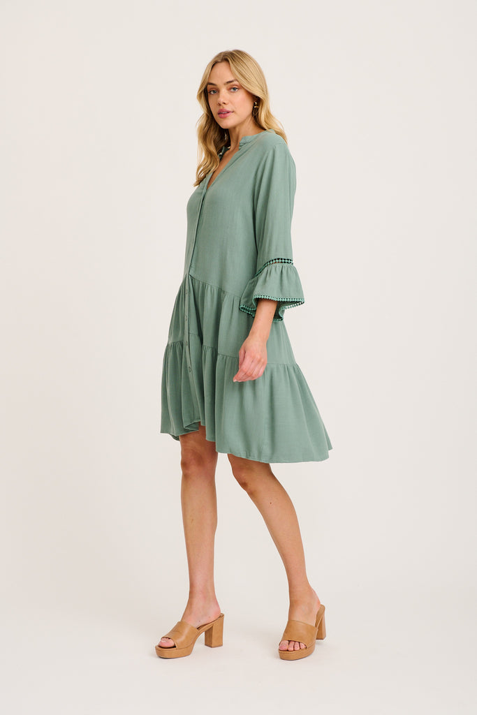 Damela Smock Dress in Sage Linen side